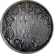 225 Réis - Luiz I Countermark "Crowned P.M" over ½ Rupee/Victoria, India reverse image