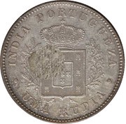 450 Réis Countermark "Crowned P.M" over 1 Rupee/India,Pt reverse image