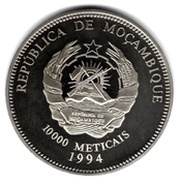 10 000 Meticais 1994 World Cup USA, soccer players and goal obverse image