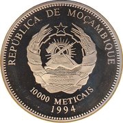 10 000 Meticais 1994 World Cup, soccer player, pattern obverse image