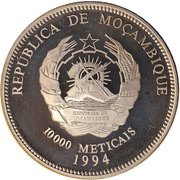 10 000 Meticais 1994 World Cup USA, soccer players with goal, pattern obverse image