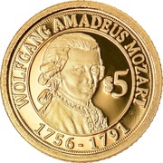5 Dollars Wolfgang Amadeus Mozart, Nauru, 2010 reverse image