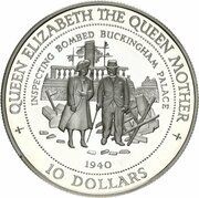 10 Dollars - Elizabeth II Queen Mother - Bombed Palace, Nauru, 1994 reverse image