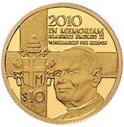 10 Dollars 5th Death Anniversary Pope John Paul II, Nauru, 2010 reverse image