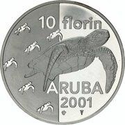 10 Florins - Beatrix Green Sea Turtles, Netherlands, 2001 reverse image